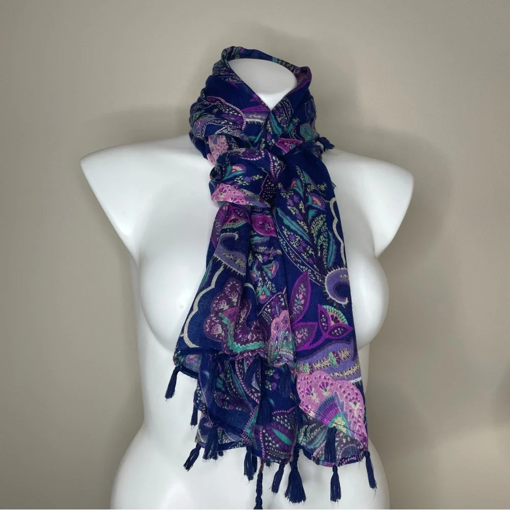 Elegant Navy, Pink and Purple Paisley Scarf with Tassels